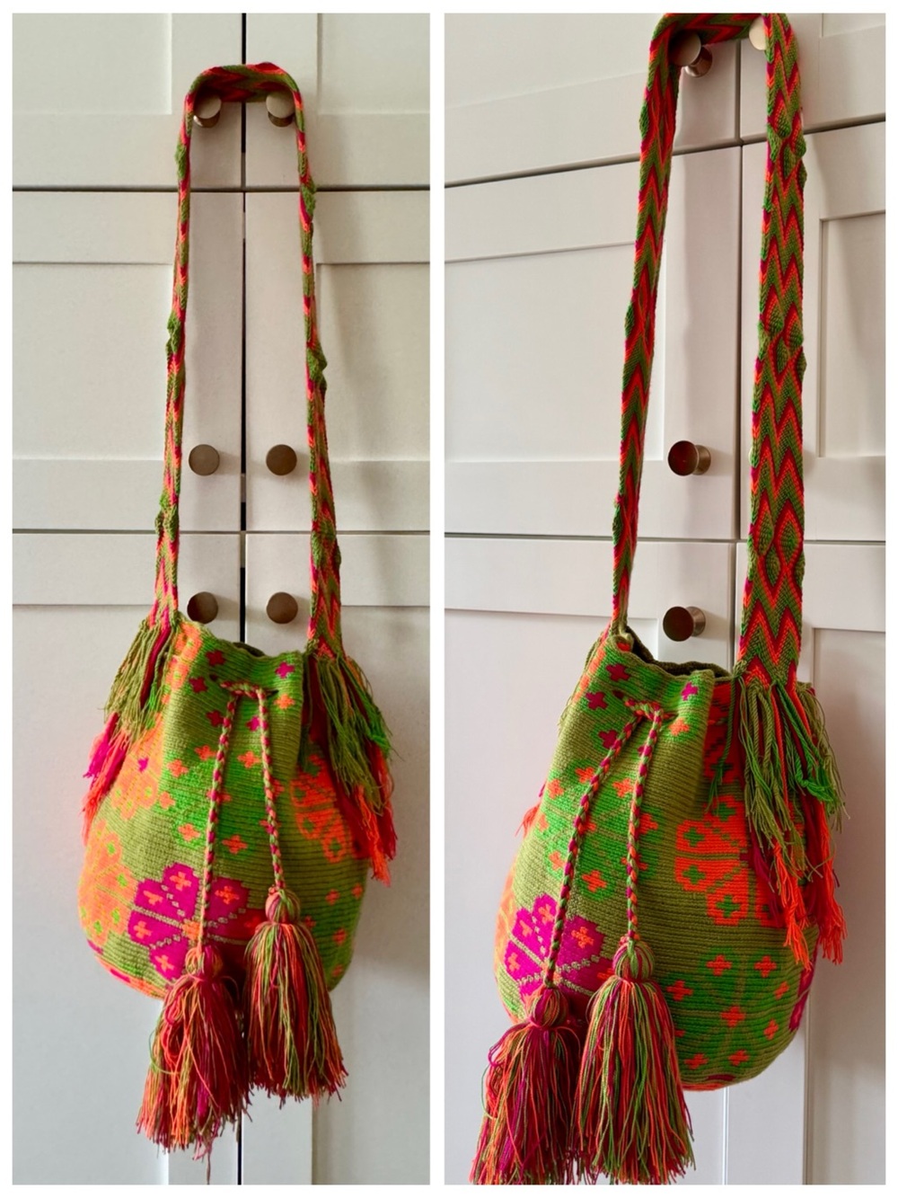 Colombian Wayuu Mochila Crossbody Bag | Green & Neon Pink Knit (Handwoven Boho) - Picture 4 of 17